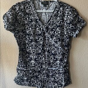 Rampage Elegant Black and White Swirl scrub top